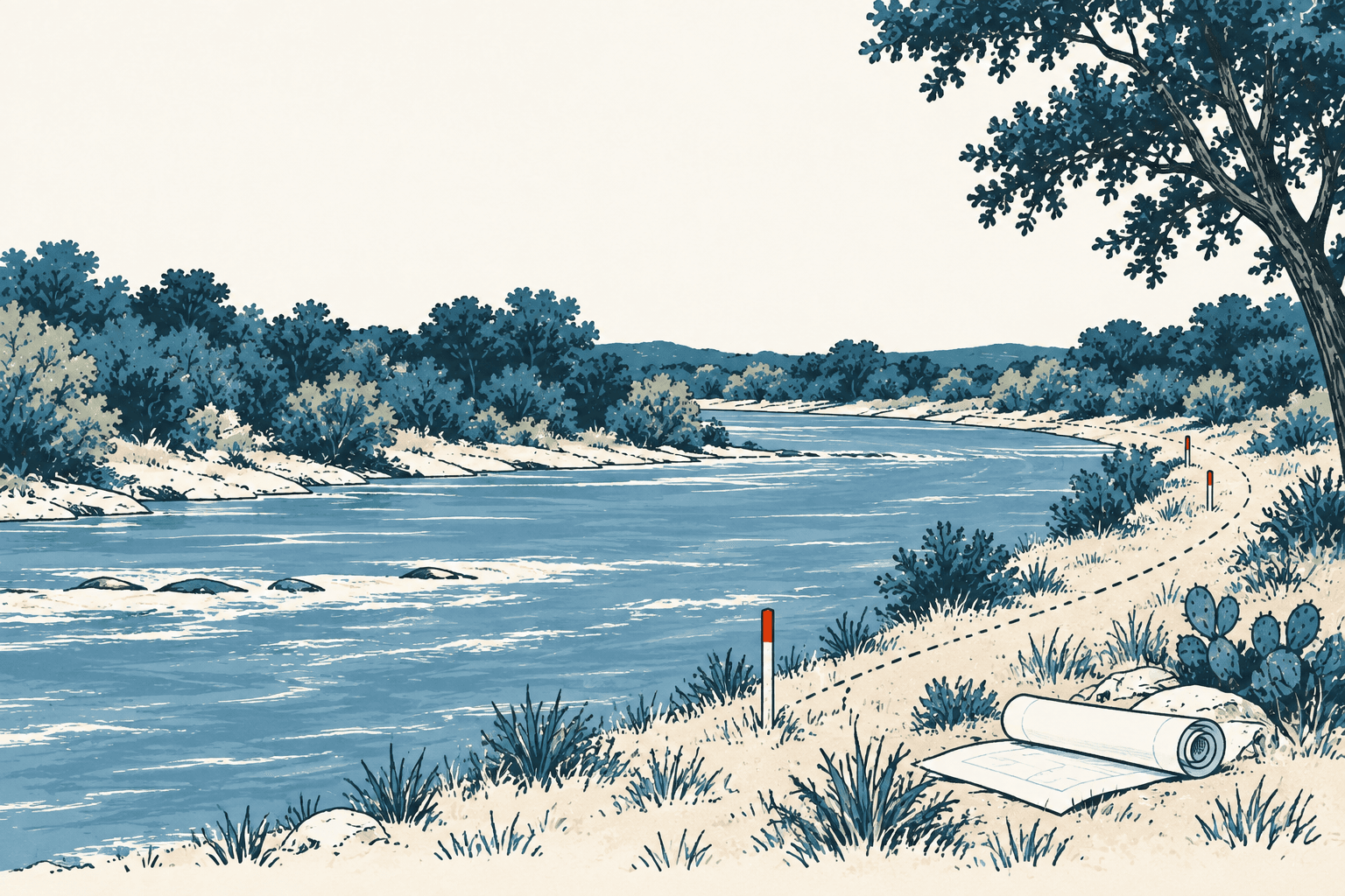 Airy cream, navy and muted-blue illustration of a river landscape with a marked trail, survey stakes and rolled planning documents in the foreground.