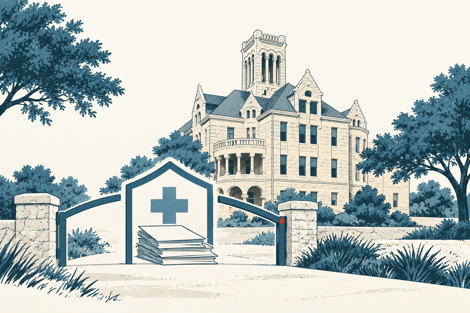 Stylized cream and navy illustration of a county government building behind a gate shaped around a medical cross, with a stack of documents in the foreground.
