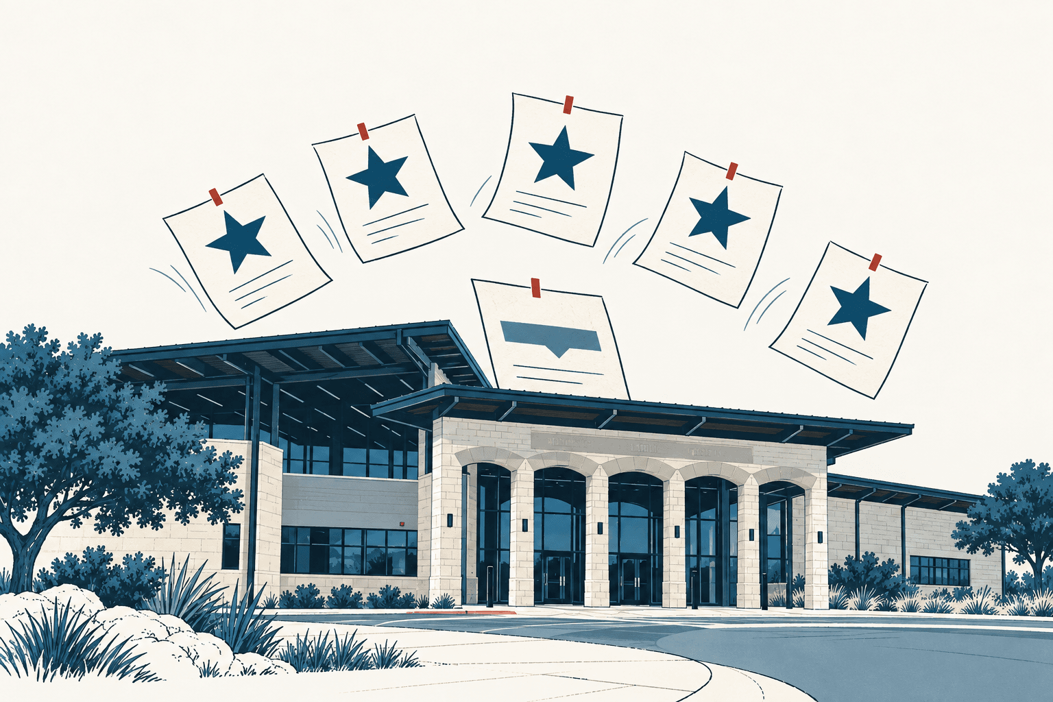 Stylized cream, navy and muted-blue illustration of a modern school beneath five floating report cards marked with stars and one district report card.