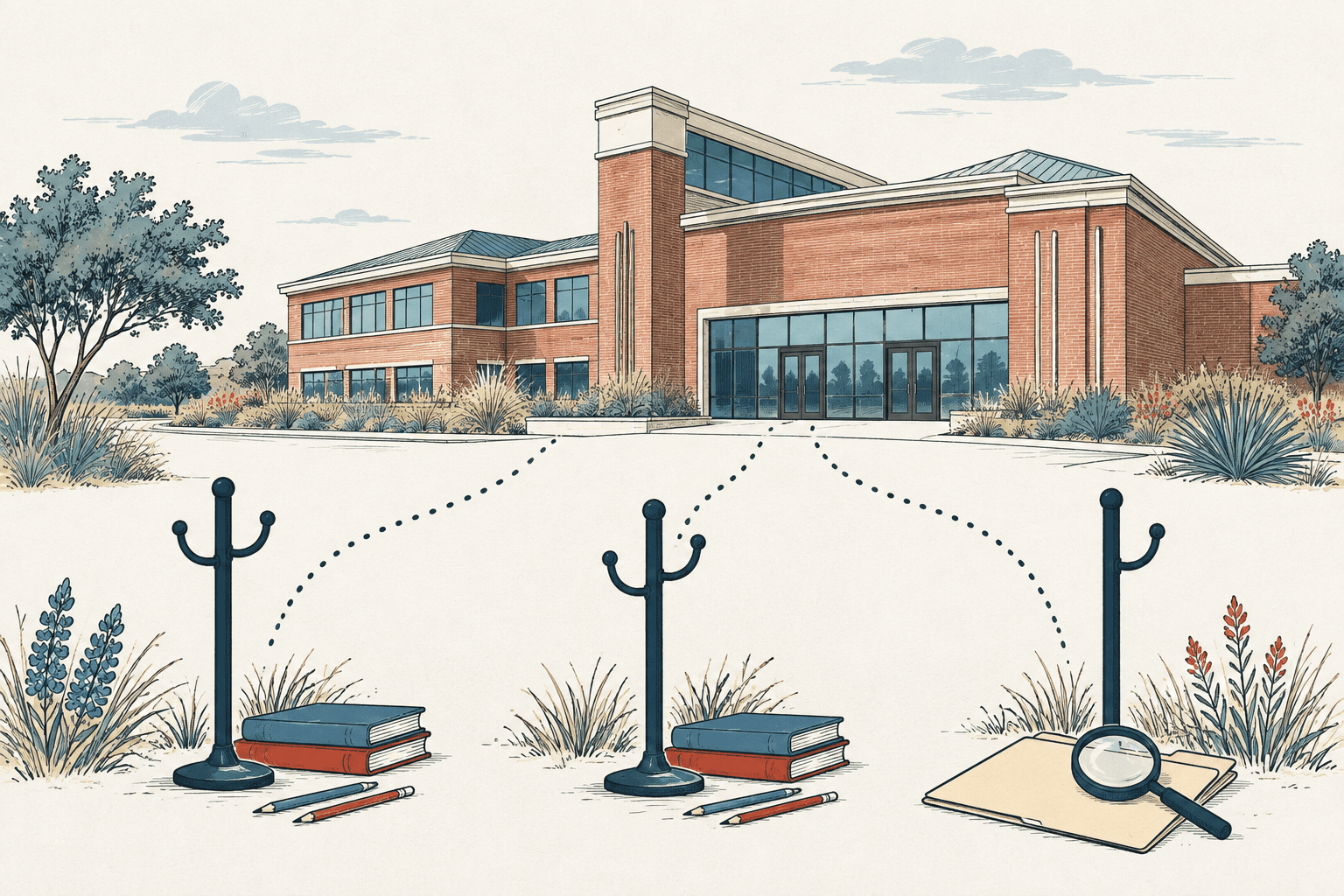 Hand-drawn illustration of a brick school building with branching dotted paths leading to books, pencils, coat hooks and a magnifying glass, in cream, navy, muted blue and rust.