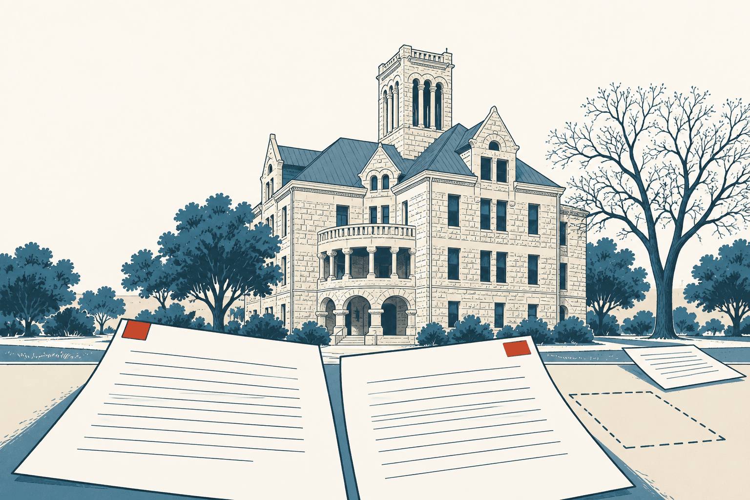 Stylized cream and navy illustration of a historic county government building behind two official-looking documents with red markers and blank lines.