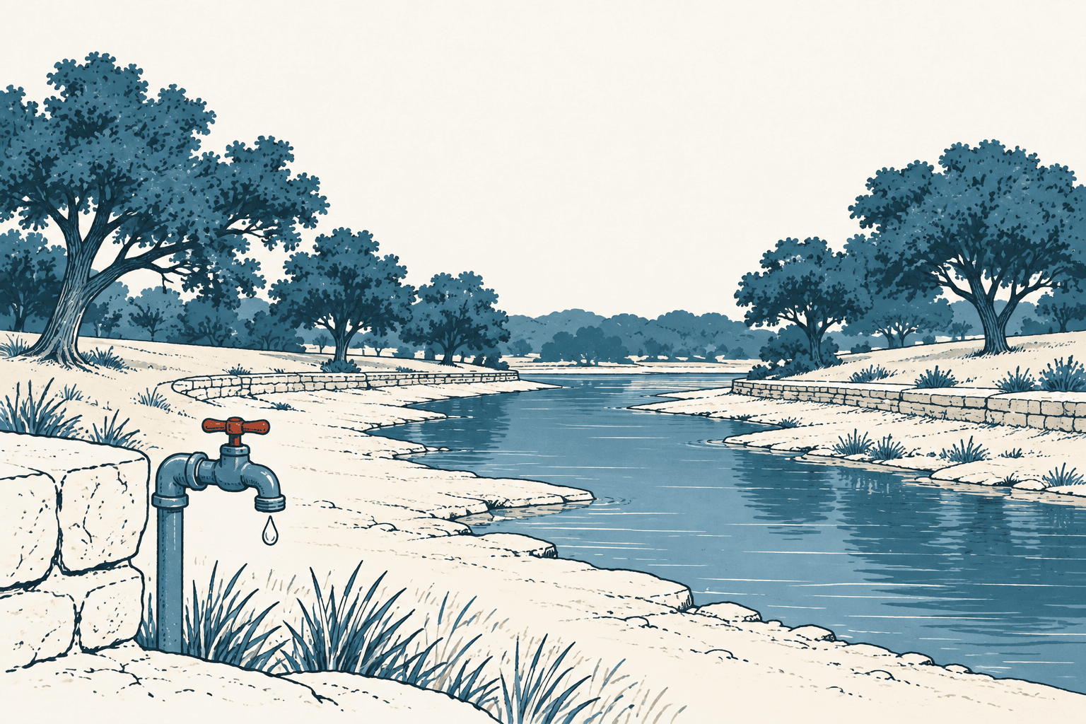 Airy cream and muted-blue illustration of a dripping faucet beside a gently flowing river lined with trees and stone banks.