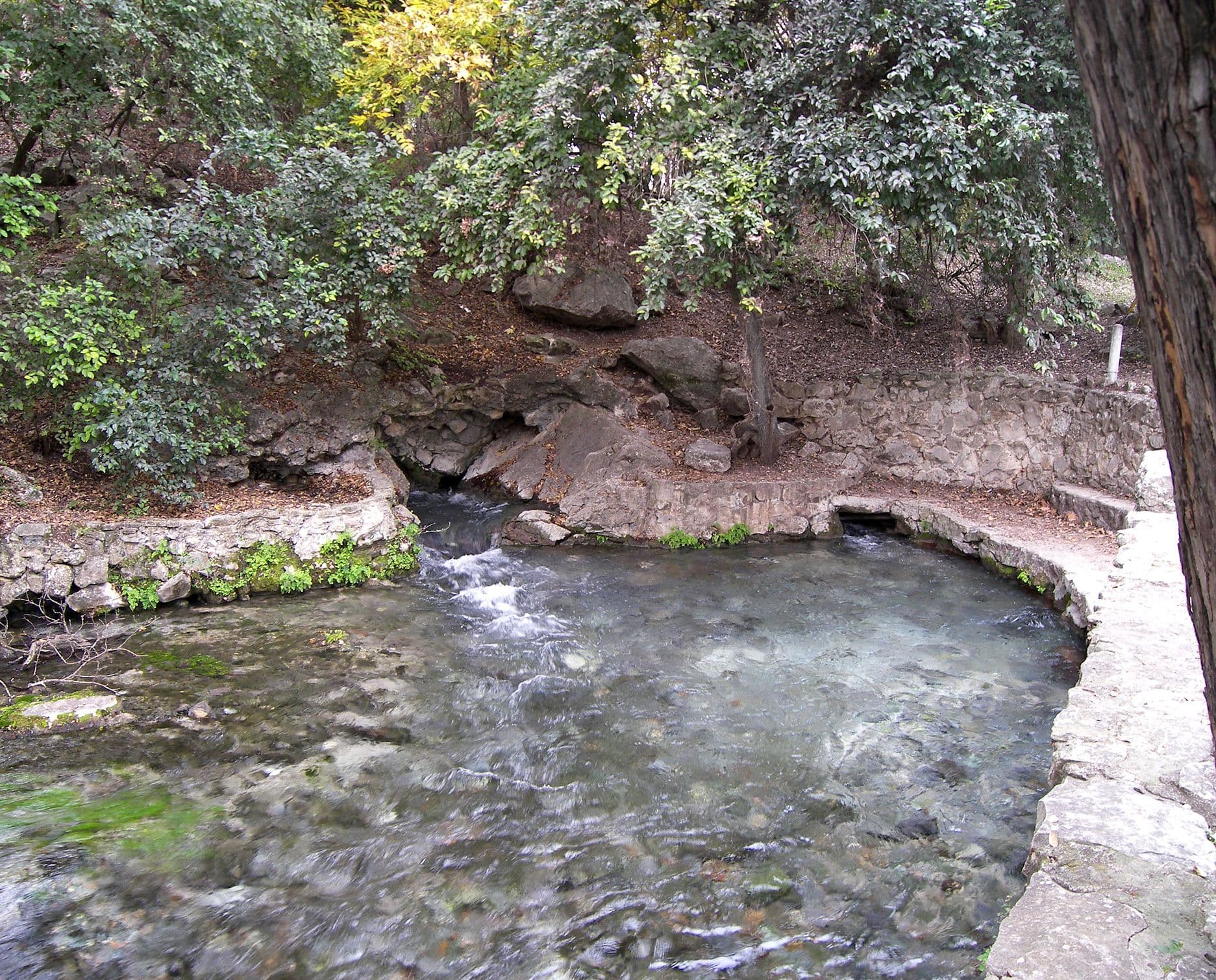 Clear water emerges at the foot of a rocky bank and runs over a shallow gravel bed. Stacked limestone retaining walls, ferns and moss line the far bank, and a wooded slope with exposed rock rises behind.