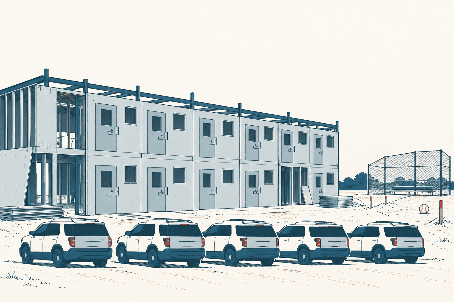 Five white patrol SUVs parked in front of a two-story secure modular building, with a fenced baseball field in the background.
