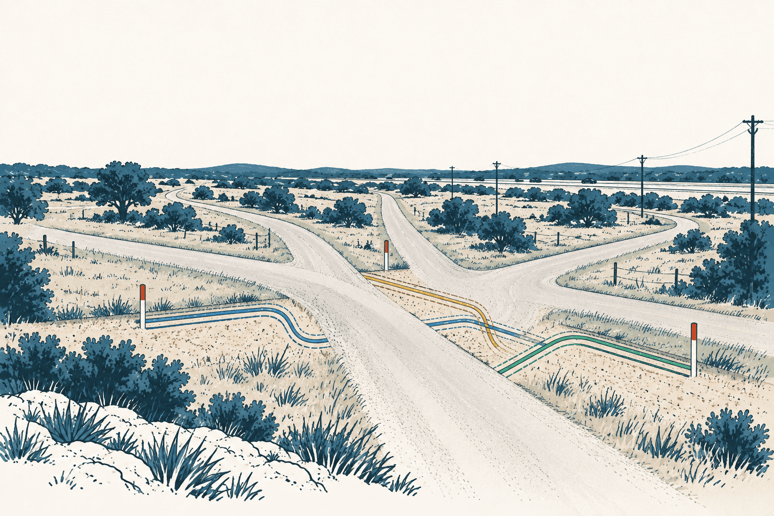 Stylized cream-and-navy illustration of intersecting rural roads, with colored utility lines running underground through the roadside landscape.