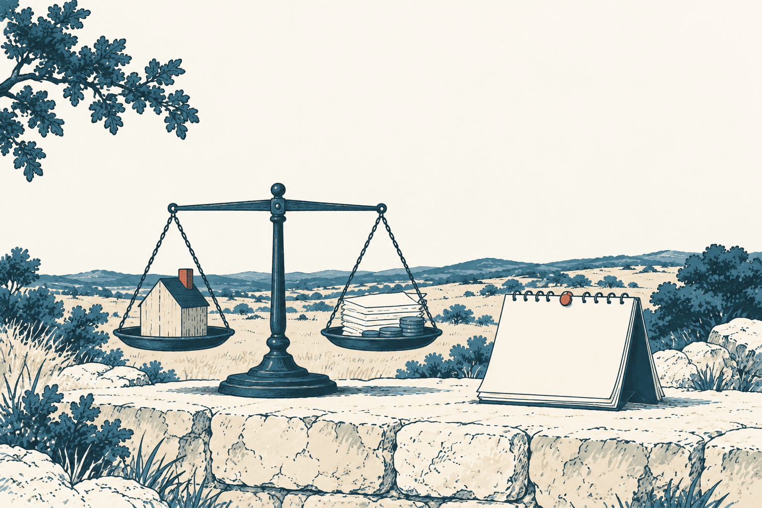 Editorial illustration of a balance scale weighing a small house against papers and coins, beside a blank desk calendar in a rural landscape.