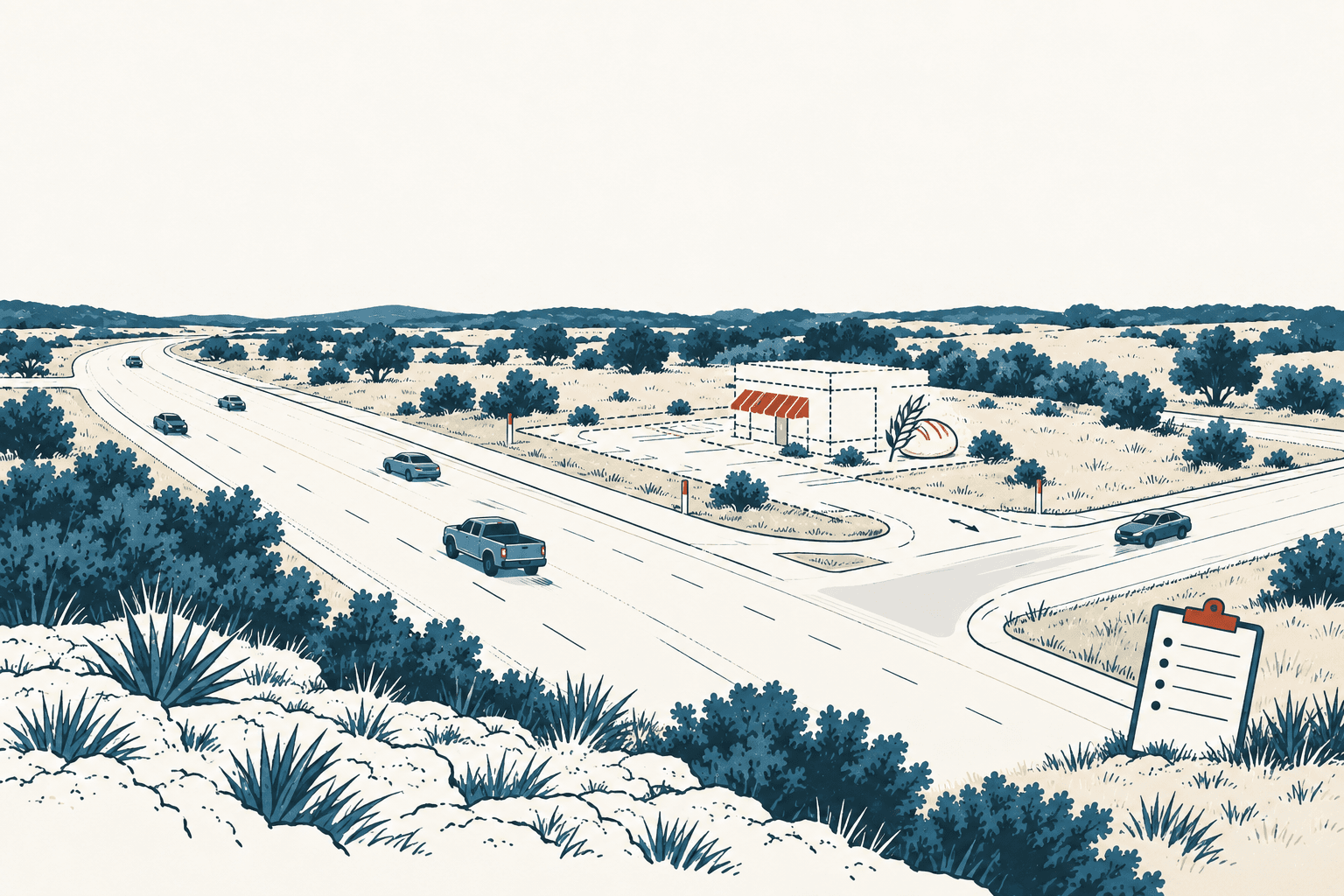 Airy cream and navy illustration of vehicles traveling past a highway intersection and a conceptual restaurant-bakery site, with a checklist in the foreground.