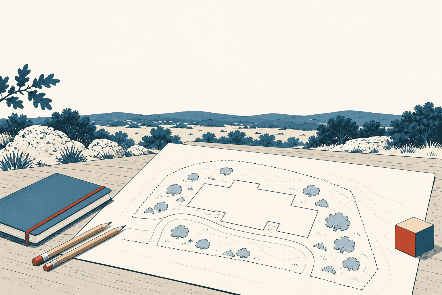 An illustrated school site plan lies on a drafting table beside two pencils, a notebook and an eraser, with wooded hills in the background.