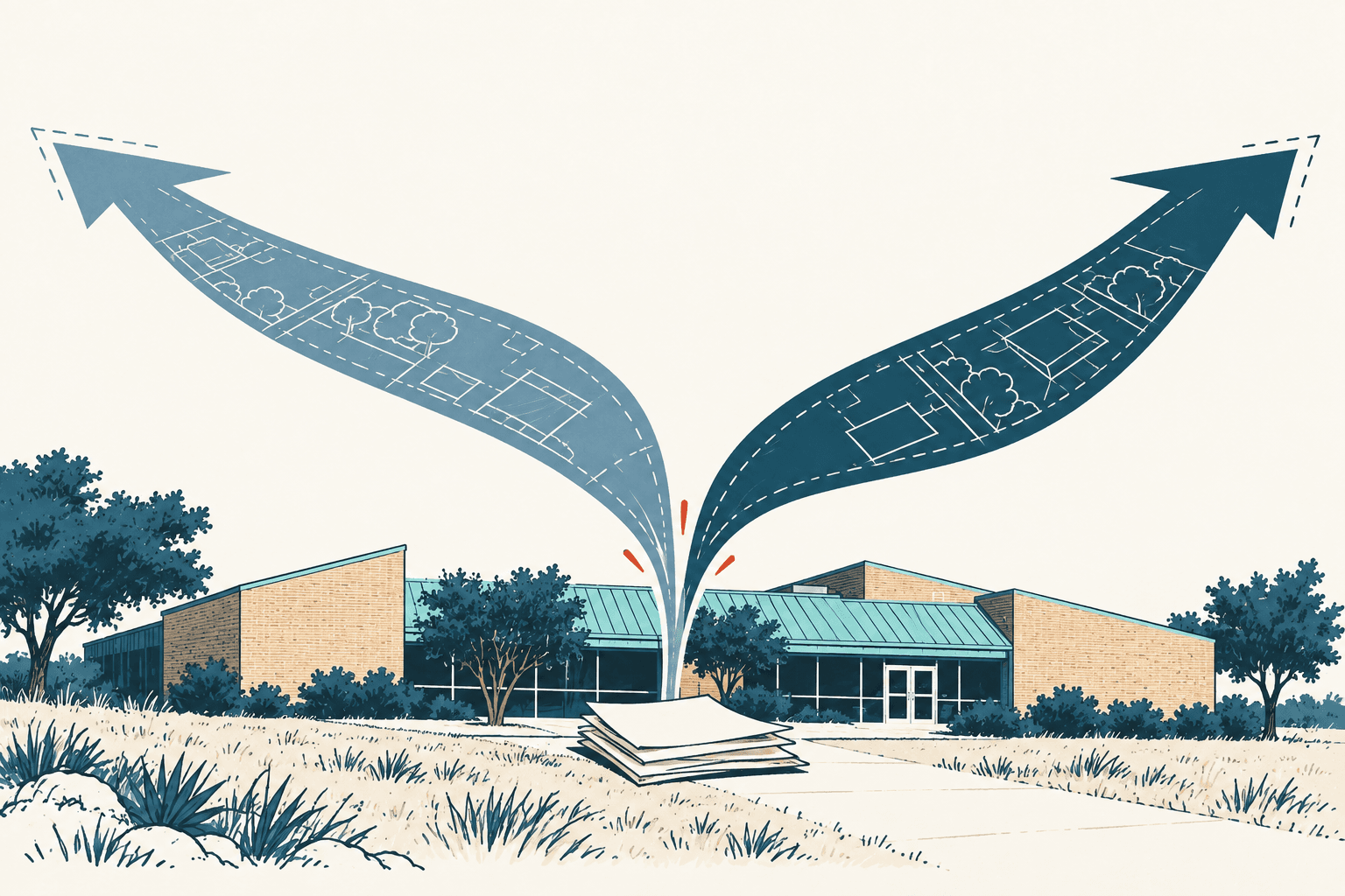 A civic building stands behind a stack of papers as two large, map-lined arrows split in opposite directions overhead.