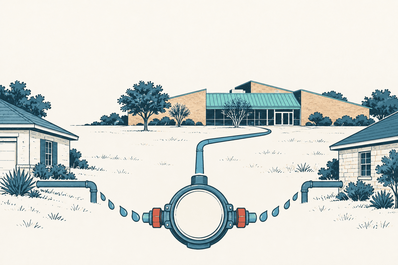 Illustrated water meter with pipes extending toward two houses, with a civic building in the distance.
