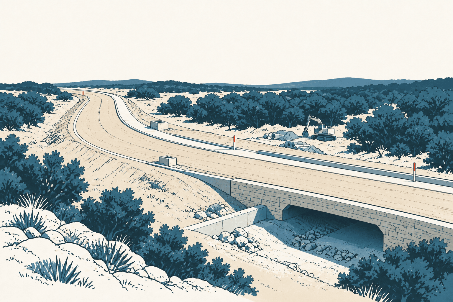 Editorial illustration of a curving new road crossing a concrete drainage culvert in scrubland, with utility lines and an excavator nearby.