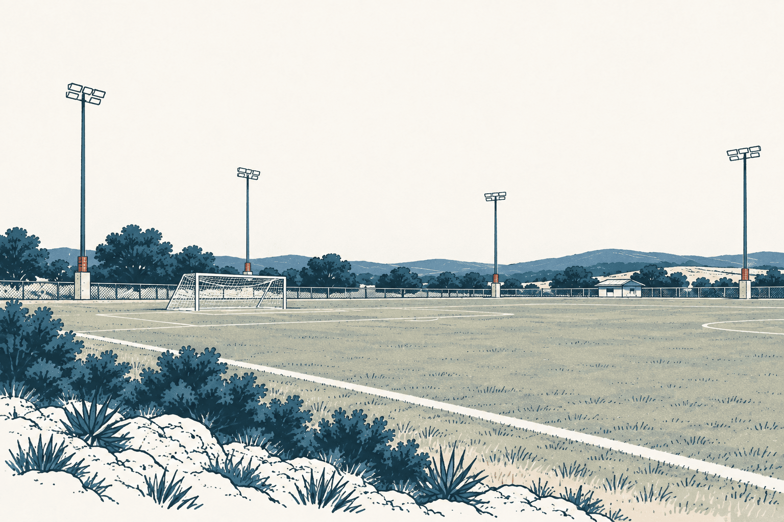 Airy cream, navy and muted-blue illustration of an empty soccer field with goals, tall light poles, native shrubs and distant hills.