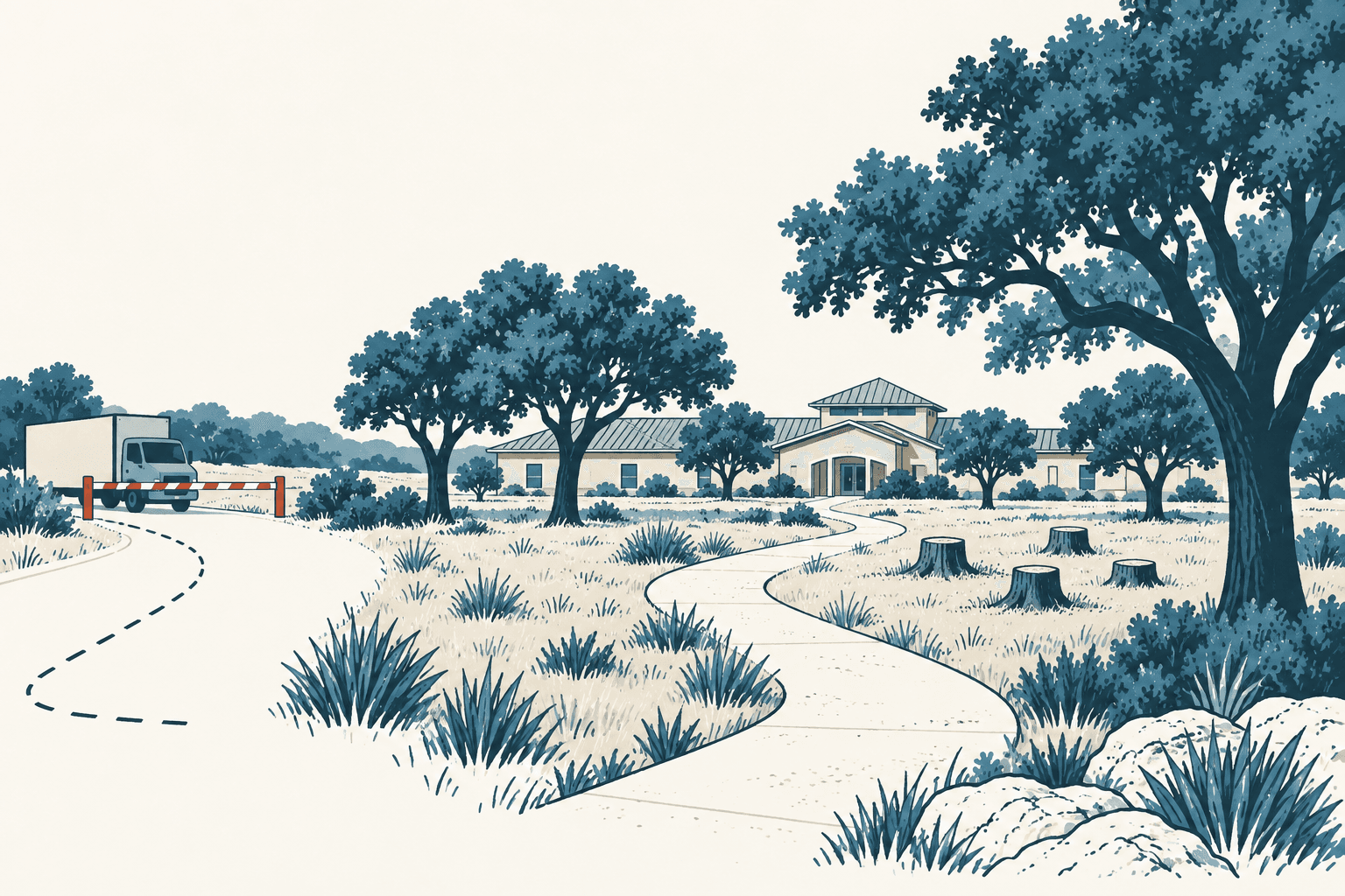 Airy cream and muted-blue illustration of a park and civic building, with a truck stopped at a striped barrier and several tree stumps beside winding paths.