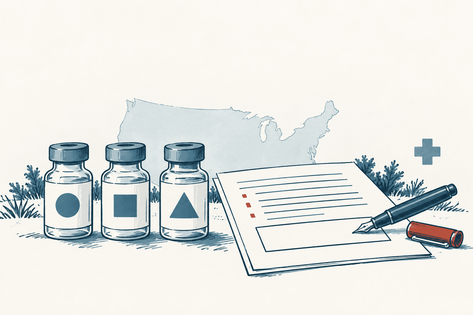 Three vaccine vials beside a blank comment form and fountain pen, with a pale map of the United States and a medical cross in the background.