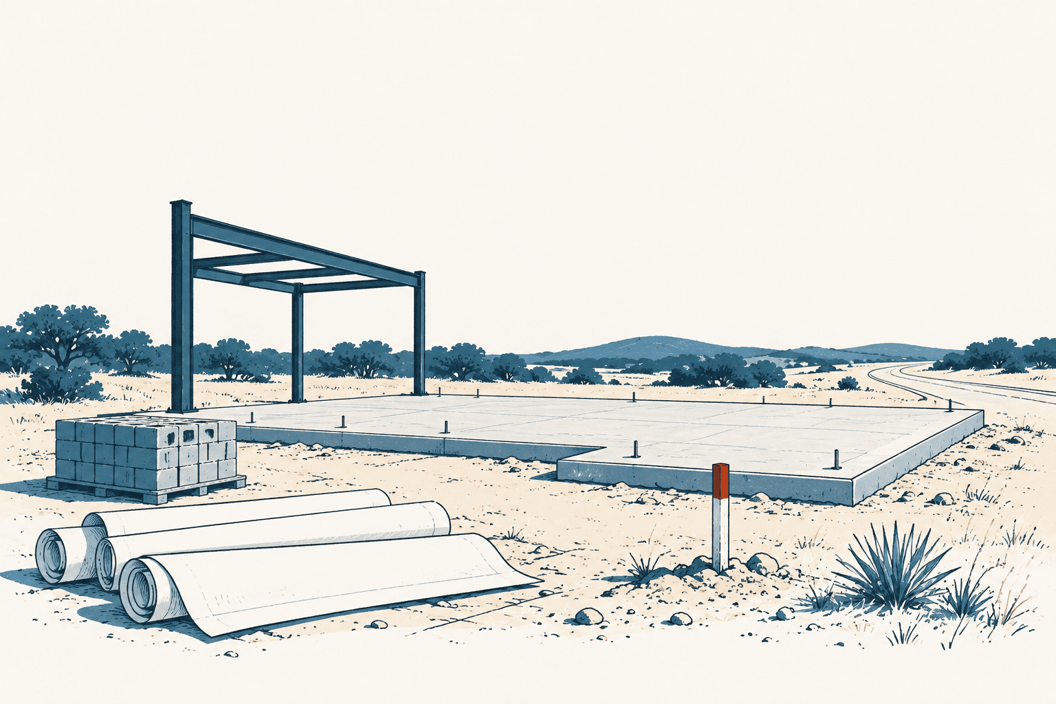 Airy cream and muted-blue illustration of a commercial construction site with a concrete slab, partial steel frame, stacked blocks and rolled building materials.