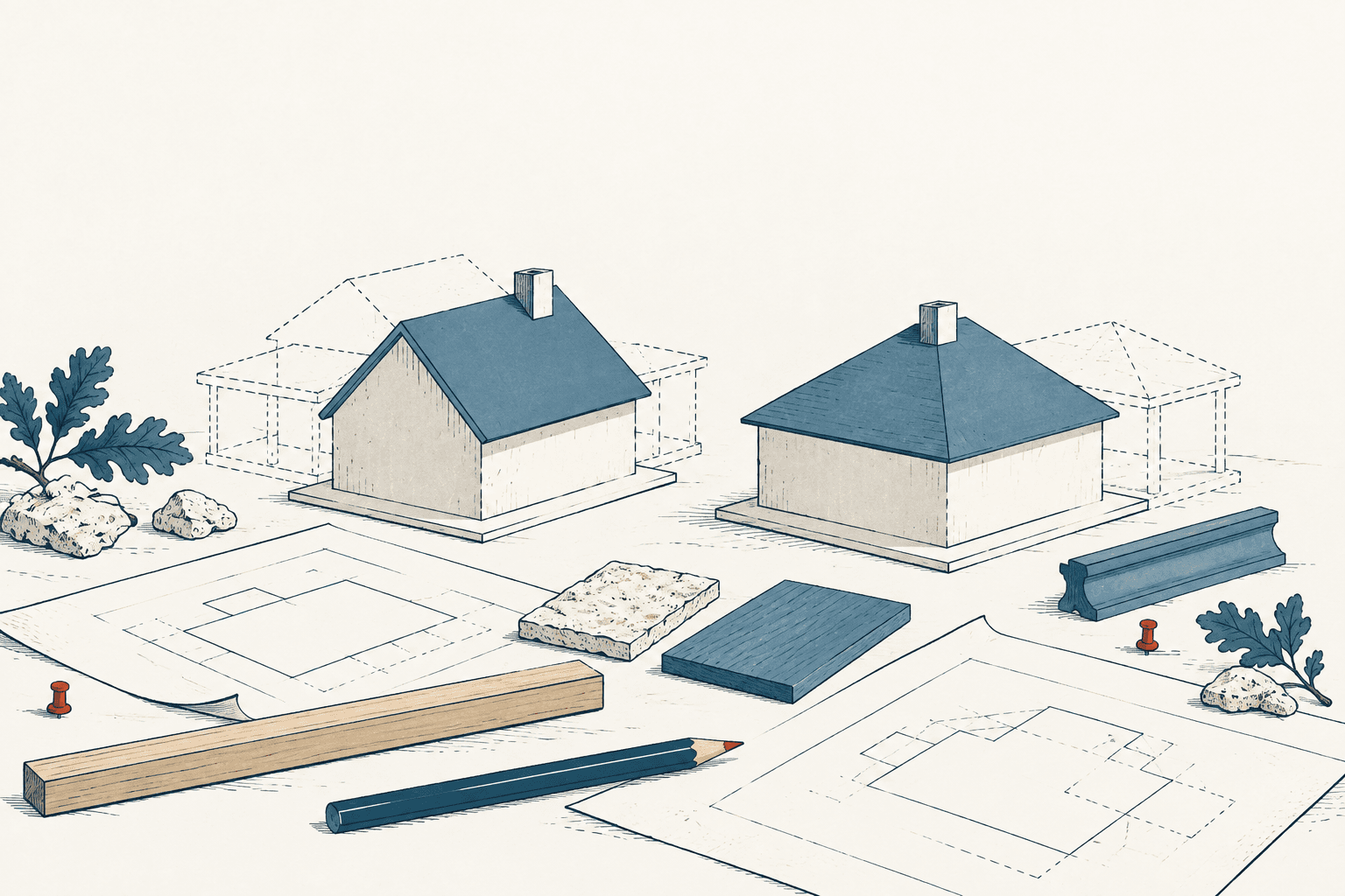 Two model houses surrounded by architectural plans, a pencil, wood, stone samples and sketched outlines of possible additions.
