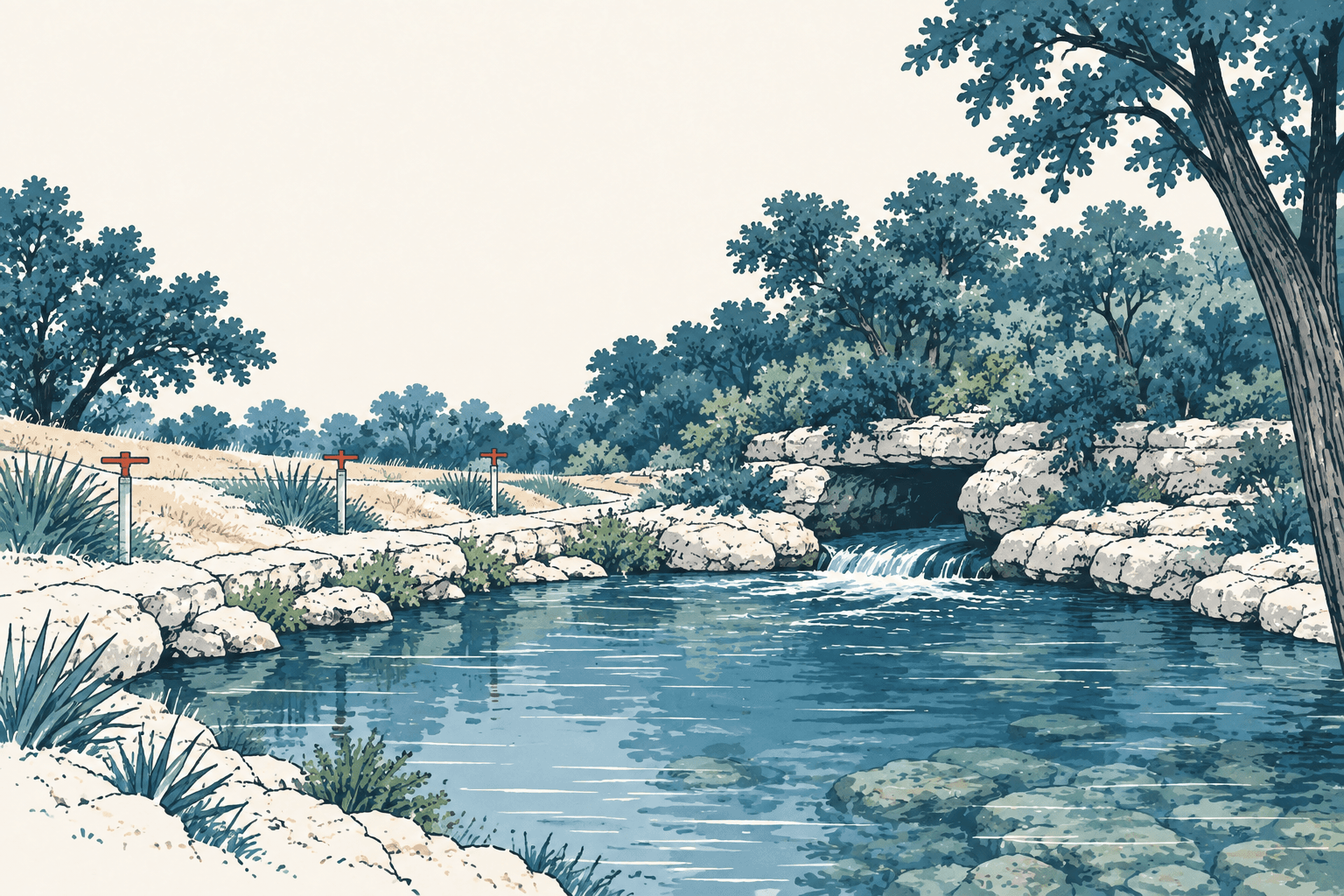 An airy cream, navy and muted-blue illustration of a clear Hill Country creek bordered by limestone, drought-tolerant plants and trees, with three red-handled water spigots along the dry bank.