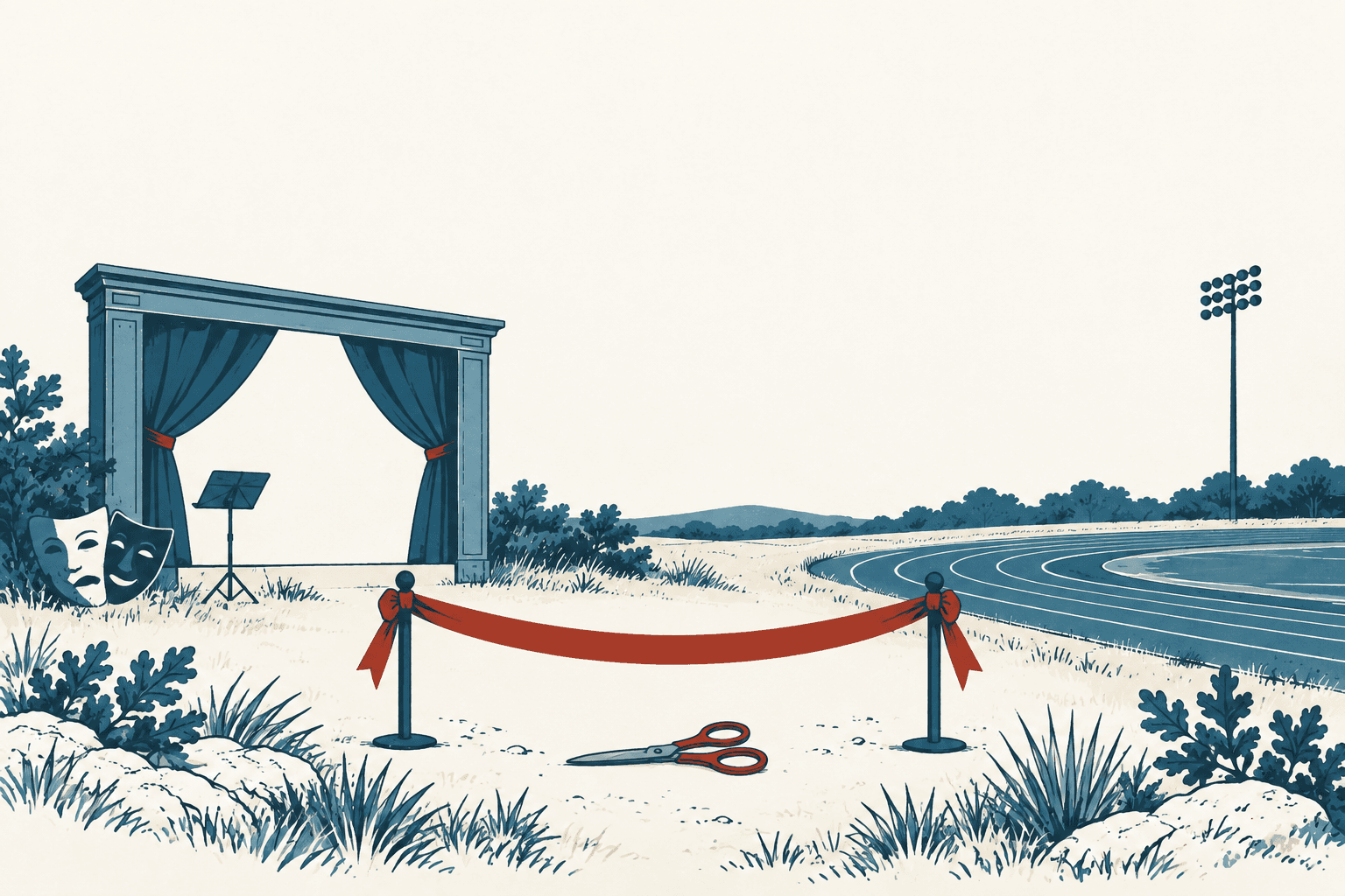Stylized cream-and-navy illustration of a theater stage, drama masks and running track behind a red ribbon with scissors.