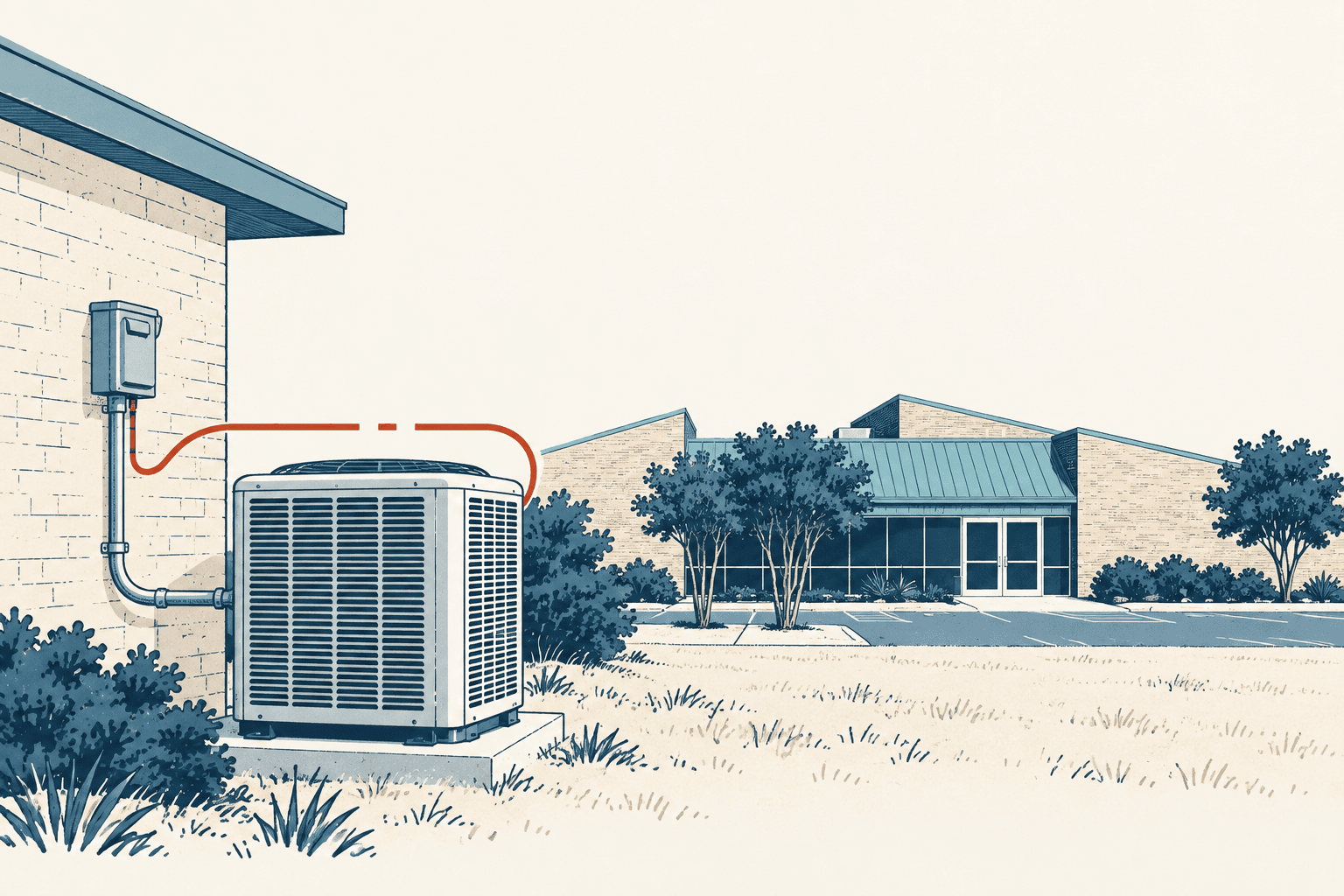 Stylized cream, navy and muted-blue illustration of an outdoor air-conditioning unit and electrical connection beside a low-rise building.