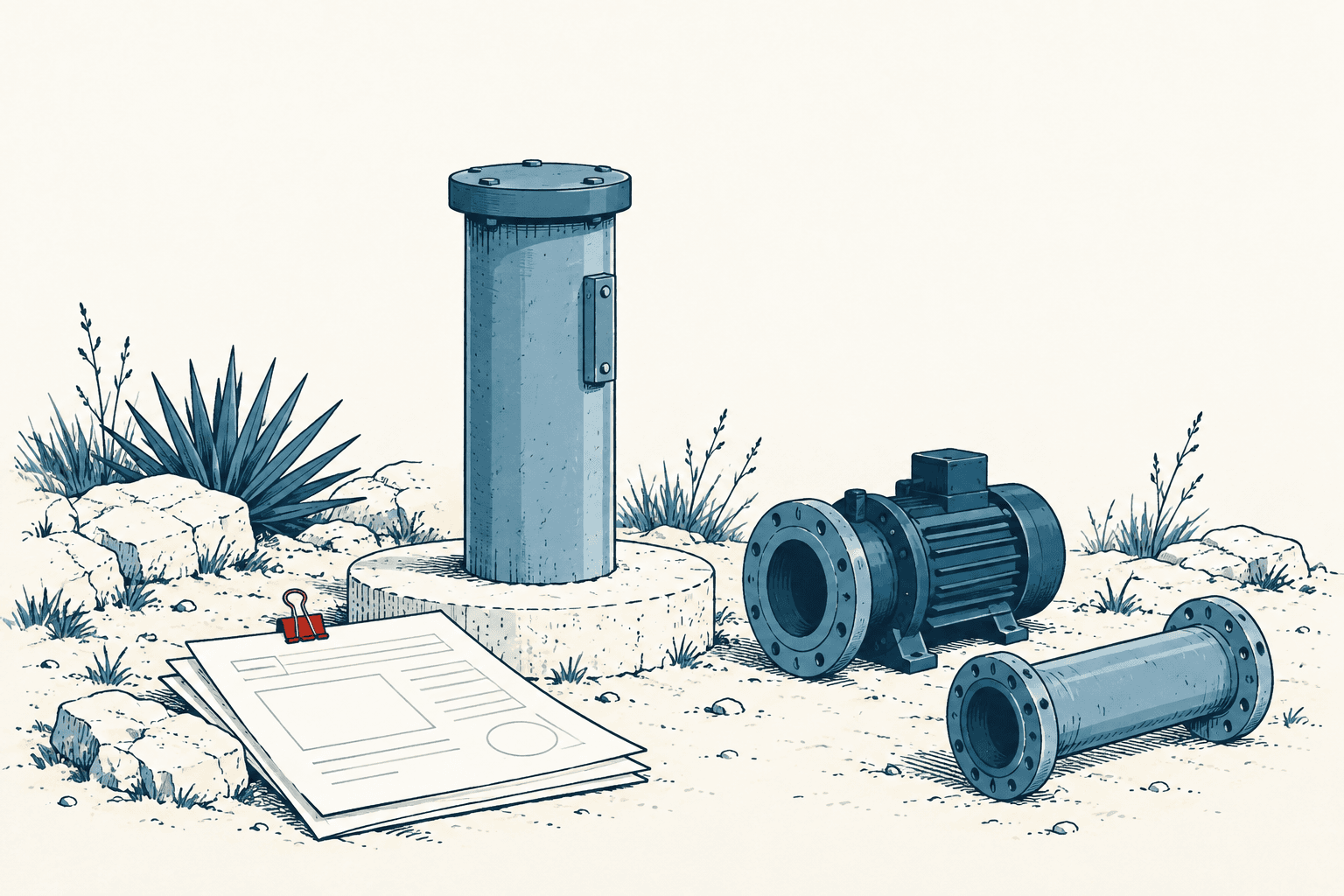 Blue-toned editorial illustration of a capped well, industrial pump, flanged pipe and engineering plans arranged on rocky ground.