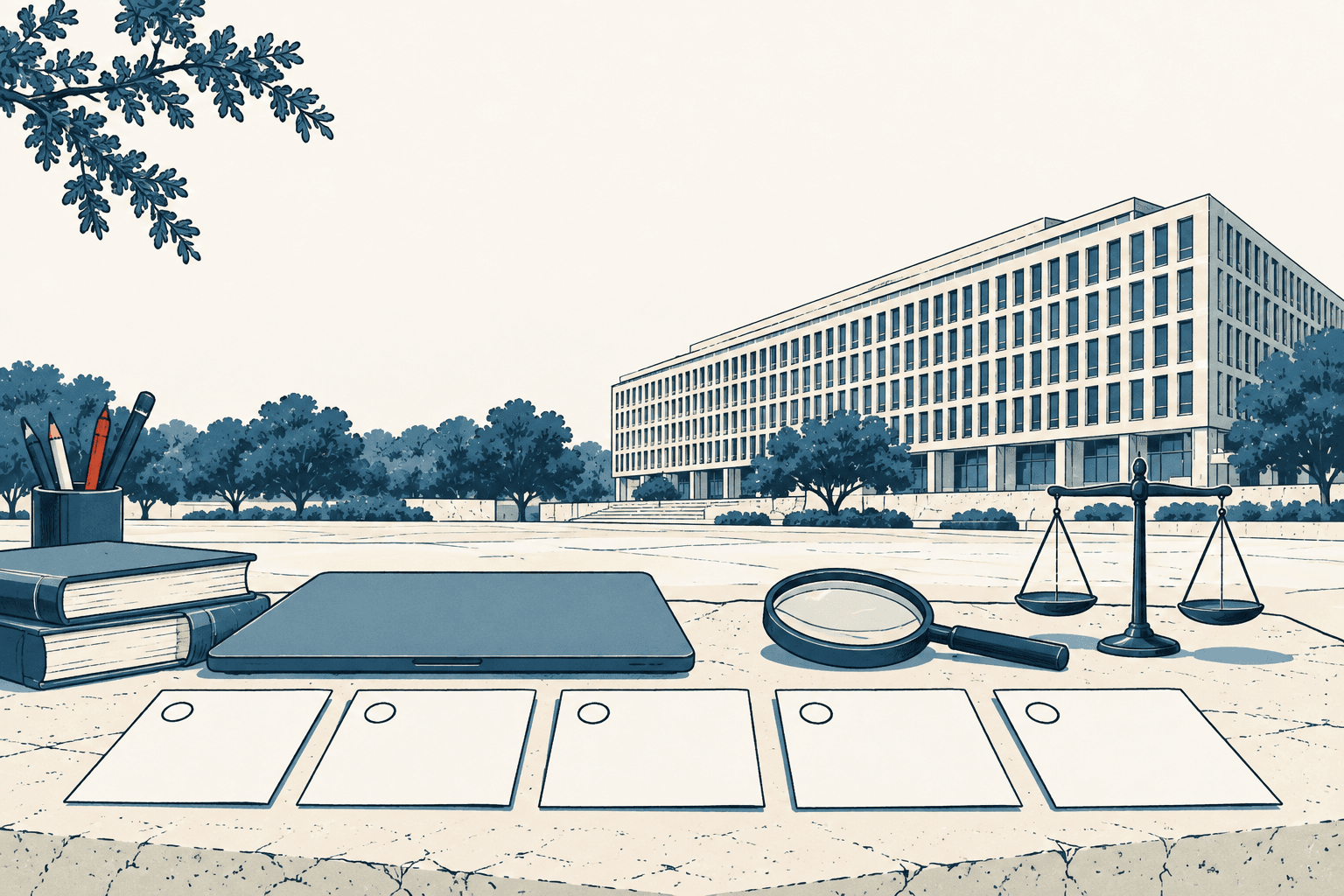 An airy cream and muted-blue illustration shows a tablet beside five blank evaluation forms, books, a magnifying glass and balanced scales outside a government-style building.