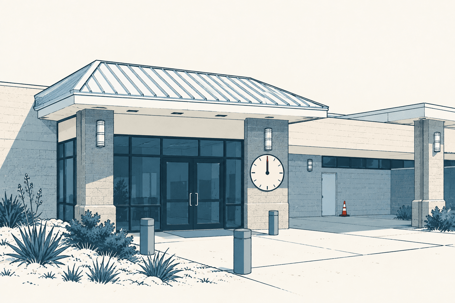 Stylized cream, navy and muted-blue illustration of a municipal building entrance with an exterior clock pointing to noon.