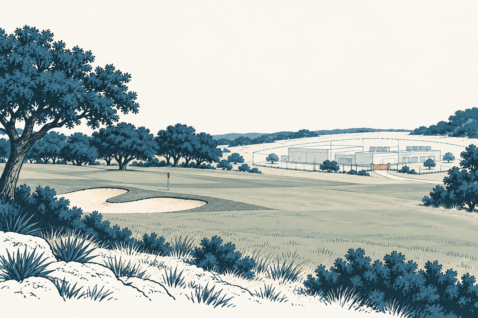 Editorial illustration of a large data center complex beyond a golf course and wooded hills, rendered in airy cream, navy and muted blue tones.