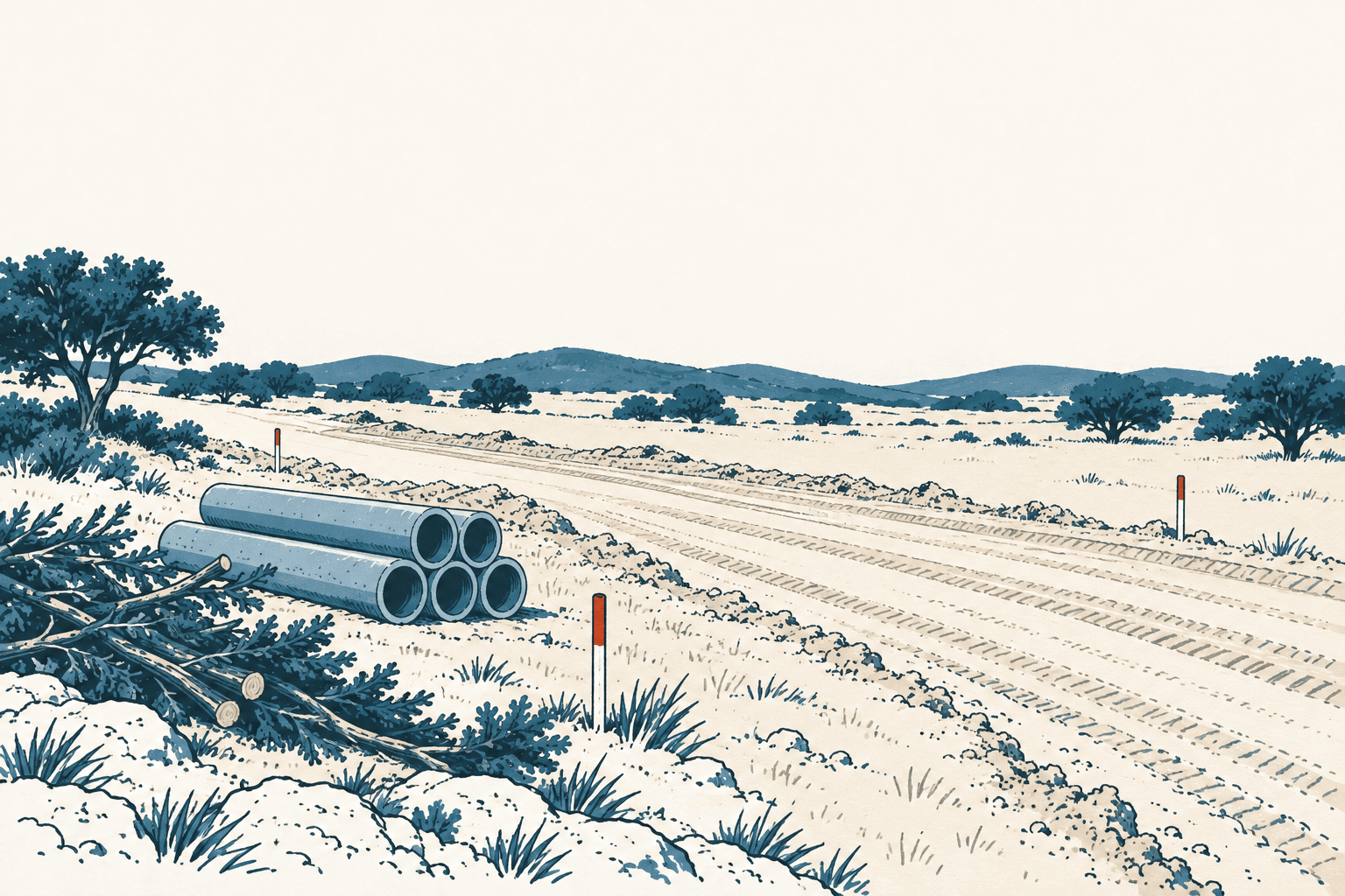 Stylized cream and muted-blue illustration of a graded rural road with utility pipes, cleared branches, survey markers and low wooded hills.