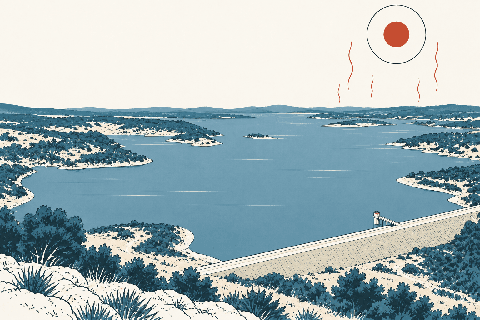 Stylized cream, navy and muted-blue landscape of a reservoir and dam beneath a red sun with heat waves.