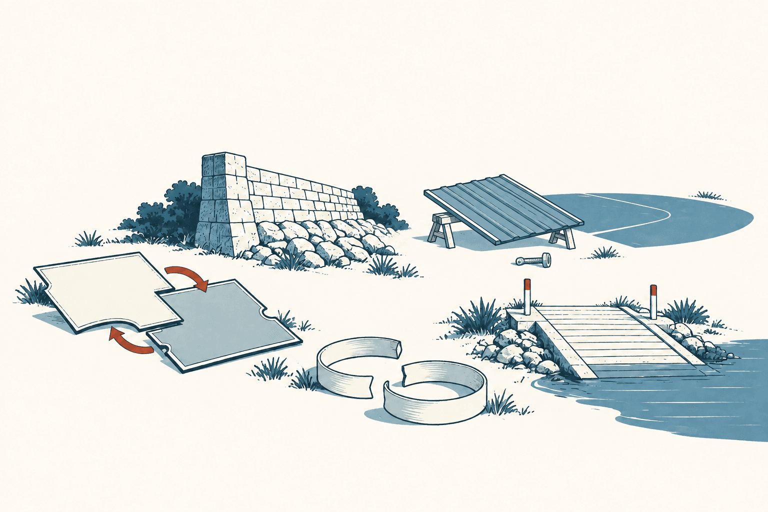 Editorial illustration showing exchanged property parcels, a stone dam, a metal roof panel, circular bonds and a public boat ramp beside muted-blue water.