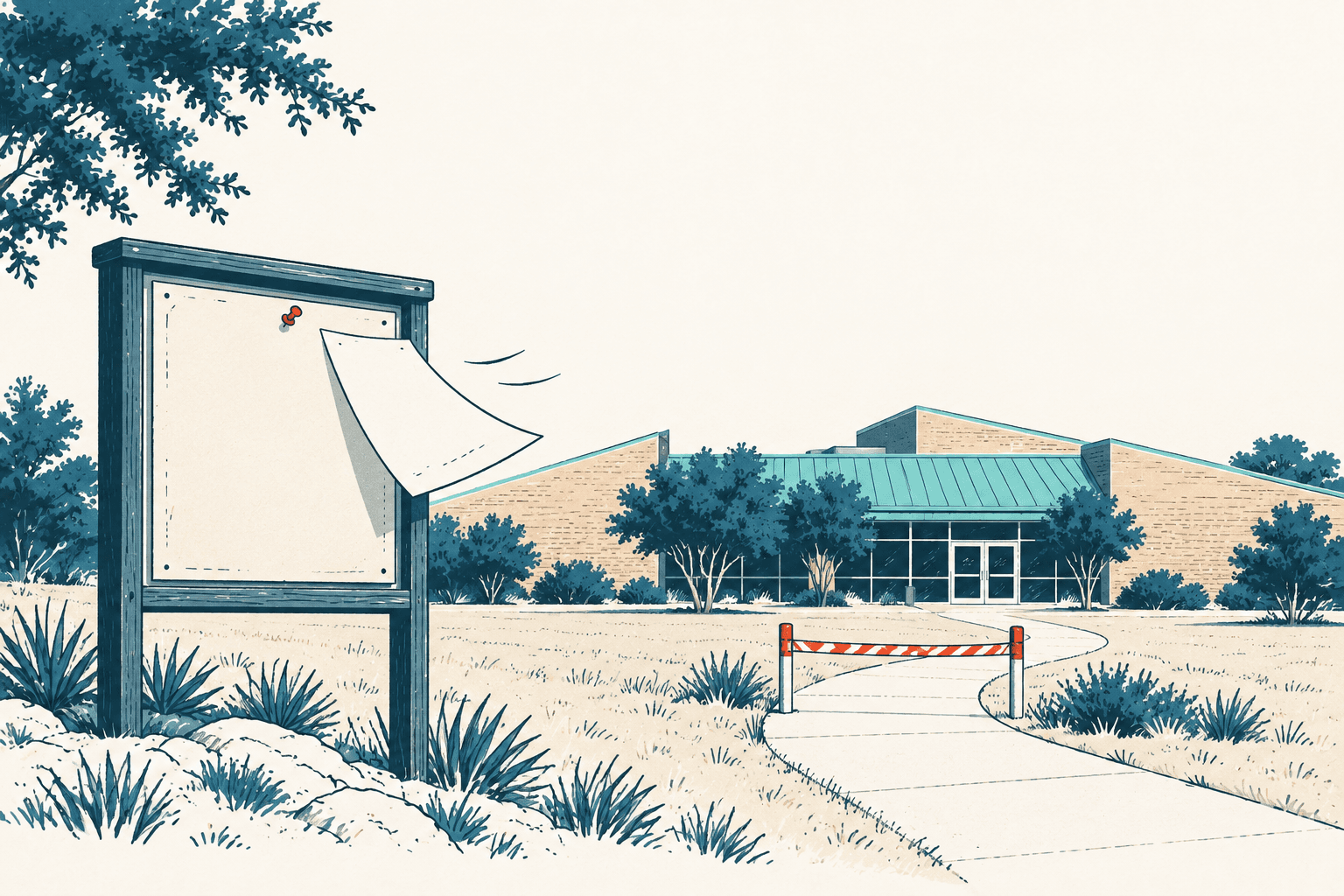 Stylized cream, navy and muted-blue illustration of an empty municipal building, a blank notice board with a loose sheet of paper, and a striped barricade blocking the walkway.