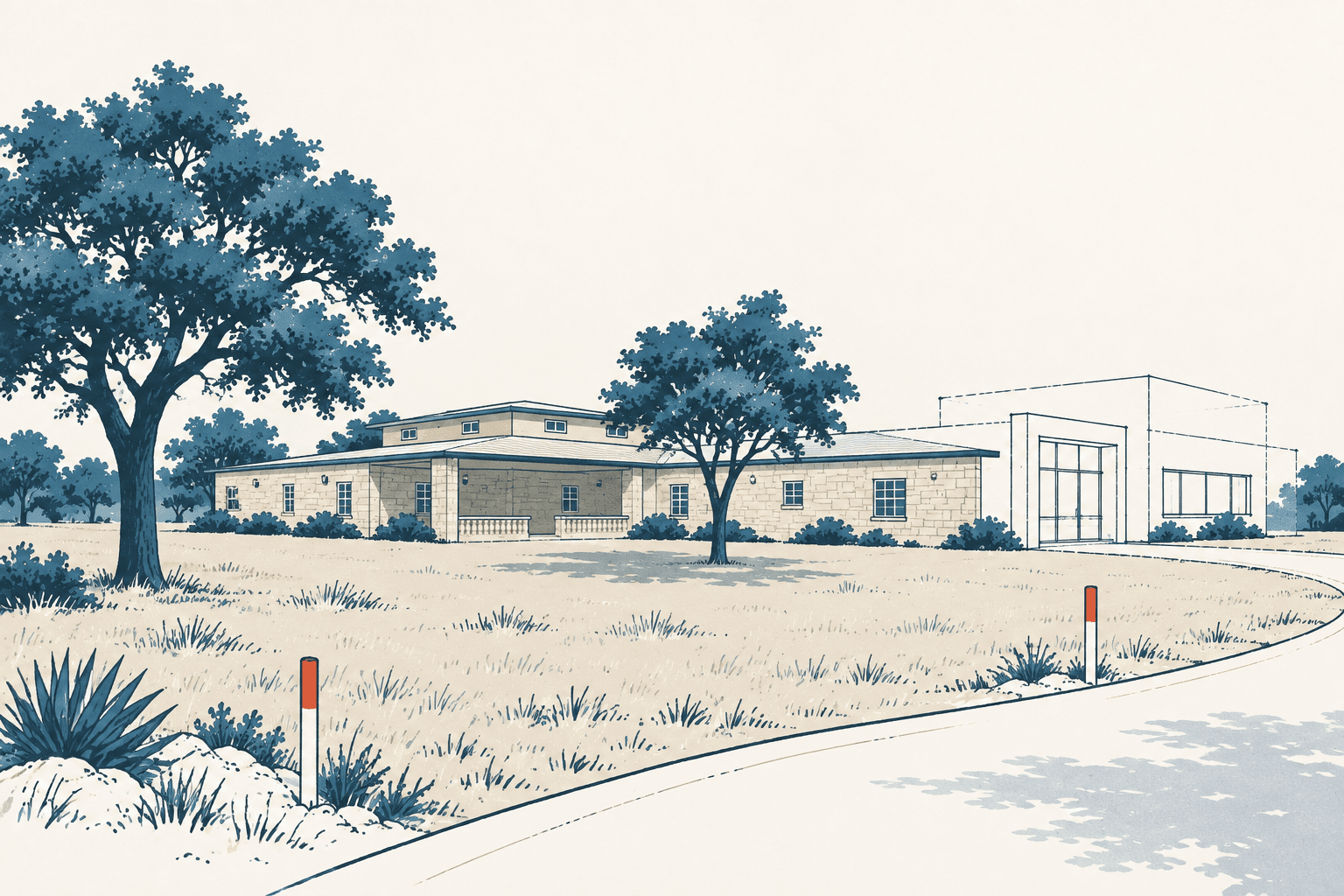 Airy cream, navy and muted-blue illustration of a low clinic and office complex surrounded by trees and native landscaping beside a curved road.