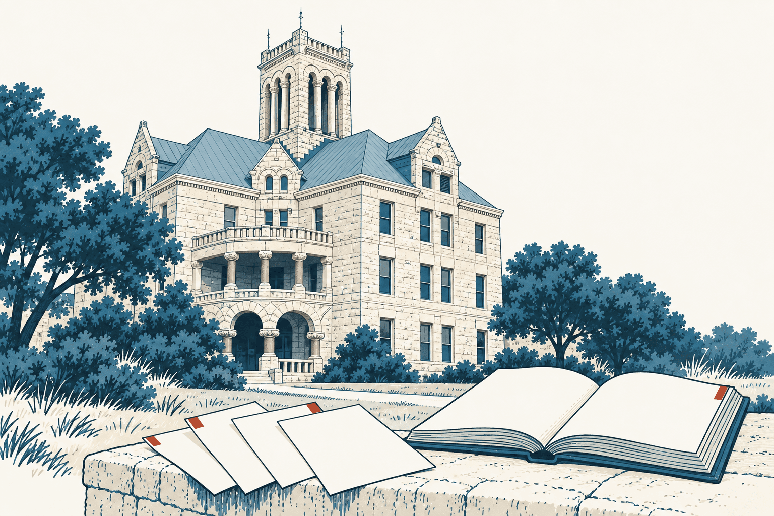 Cream-and-navy illustration of a historic county government building behind blank ballots and an open record book.