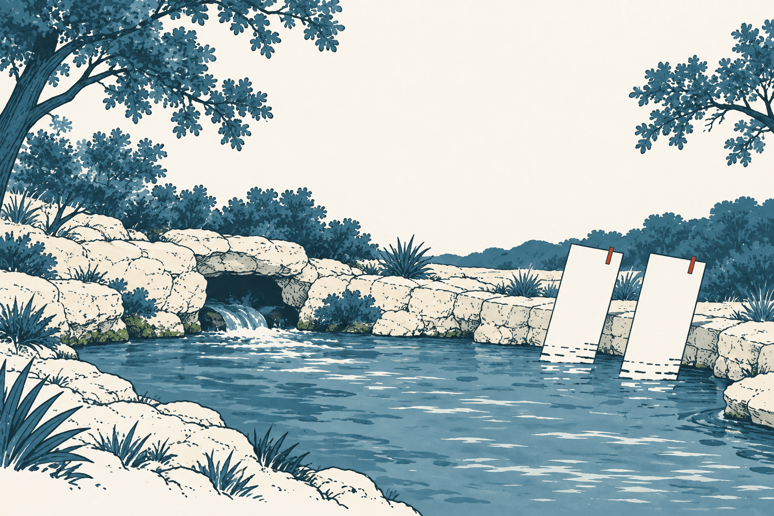 Two blank ballot-like cards rise from a blue stream bordered by pale limestone, shrubs and trees in an airy cream and navy illustration.