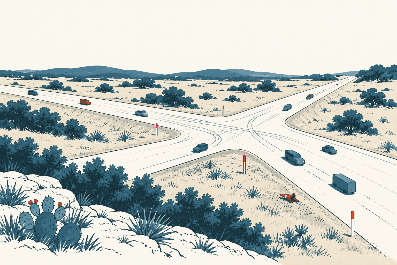 Airy cream, navy, and muted-blue illustration of cars and trucks traveling through a broad highway interchange in a scrub-covered Texas landscape.