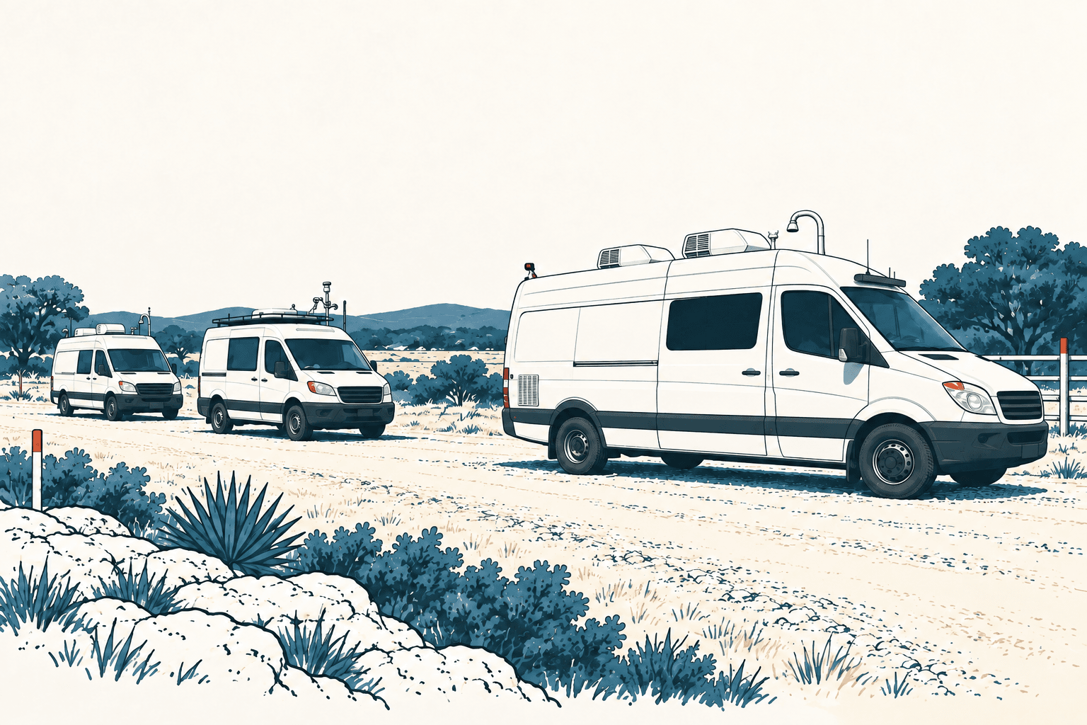 Three white county service vans equipped with rooftop gear drive along a rural road through scrubland.