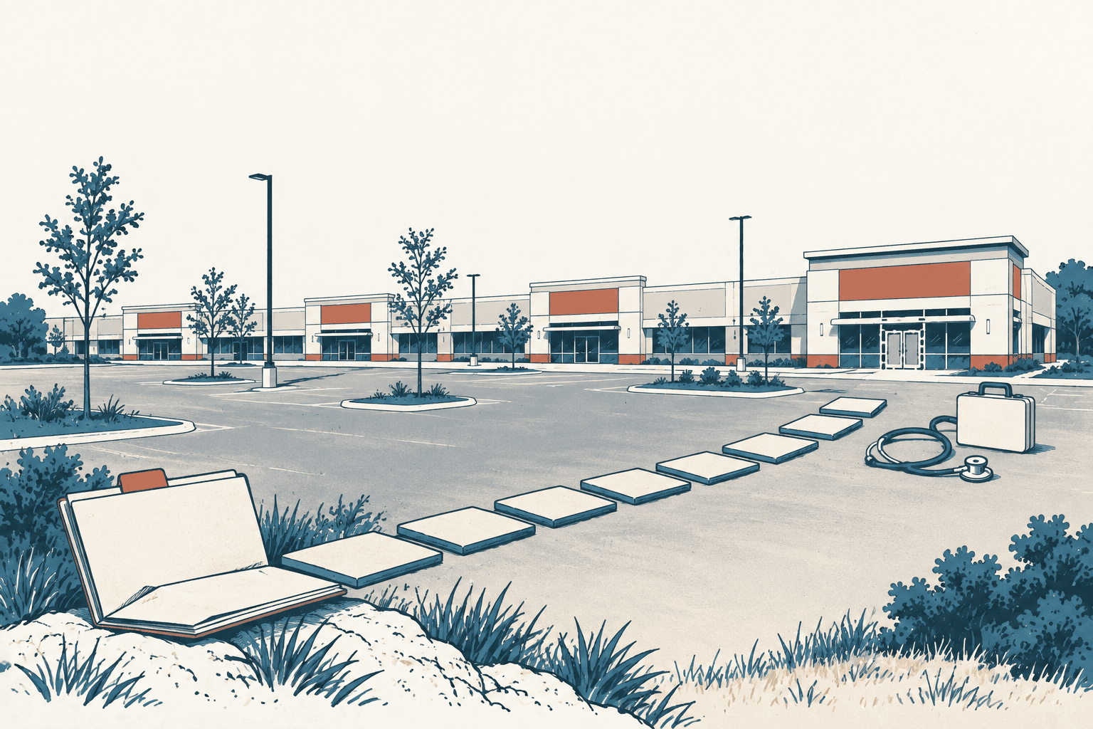 Stylized cream, navy and muted-blue illustration of a college complex, with stepping stones leading from an open clipboard to a stethoscope and medical case.