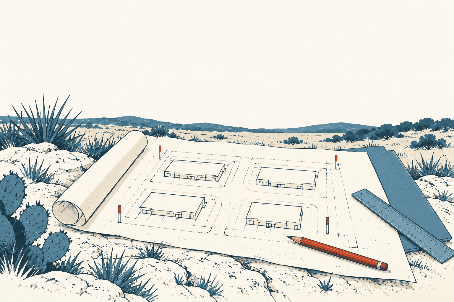 Architectural site plans showing four retail buildings, a ruler and a red pencil amid an illustrated scrubland landscape.