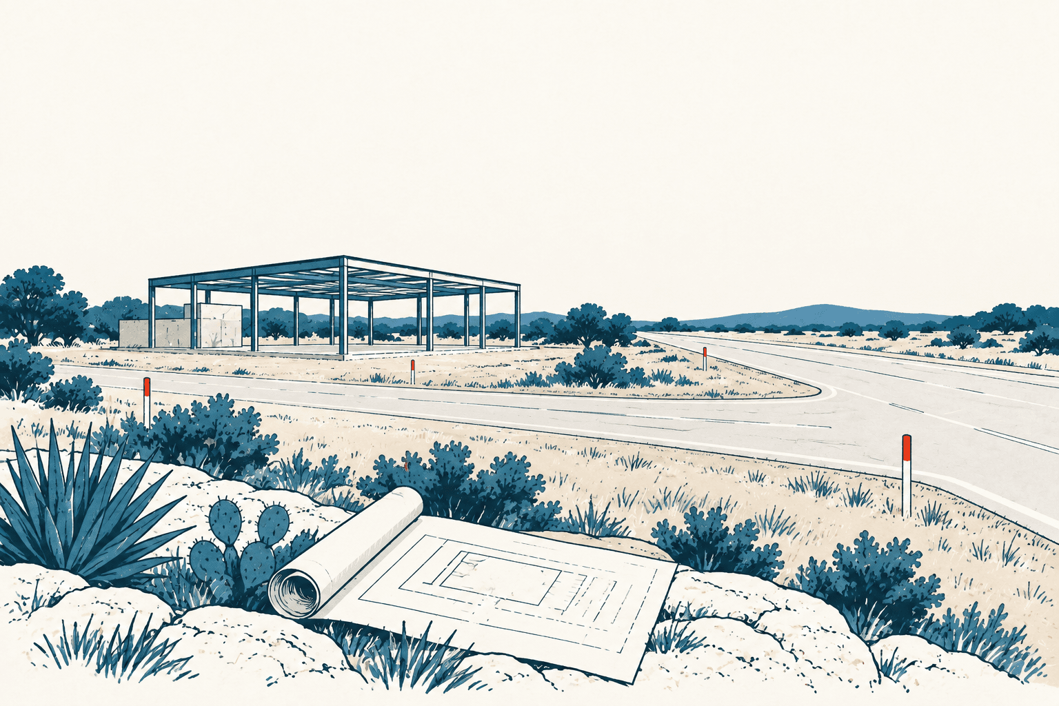 Stylized cream and navy illustration of a steel retail building frame beside a curving highway, with construction plans resting among Texas scrub in the foreground.