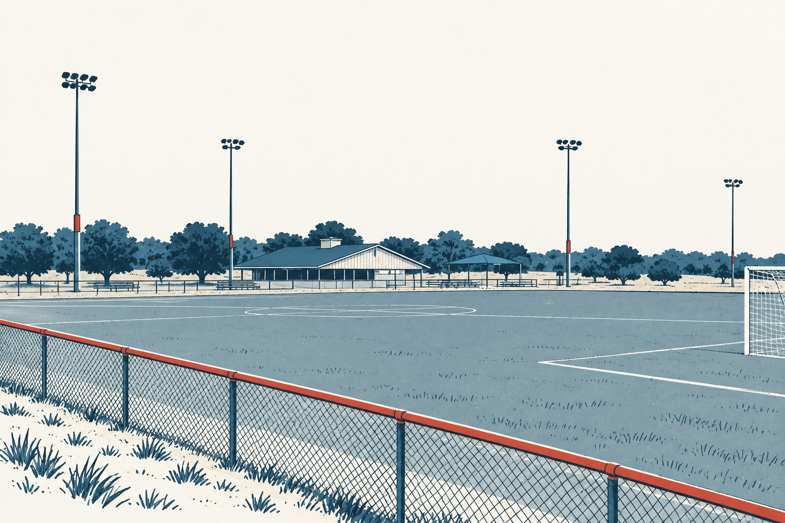 An empty soccer field with multiple tall light poles, a goal, chain-link fencing and park buildings, rendered in cream, navy and muted blue.