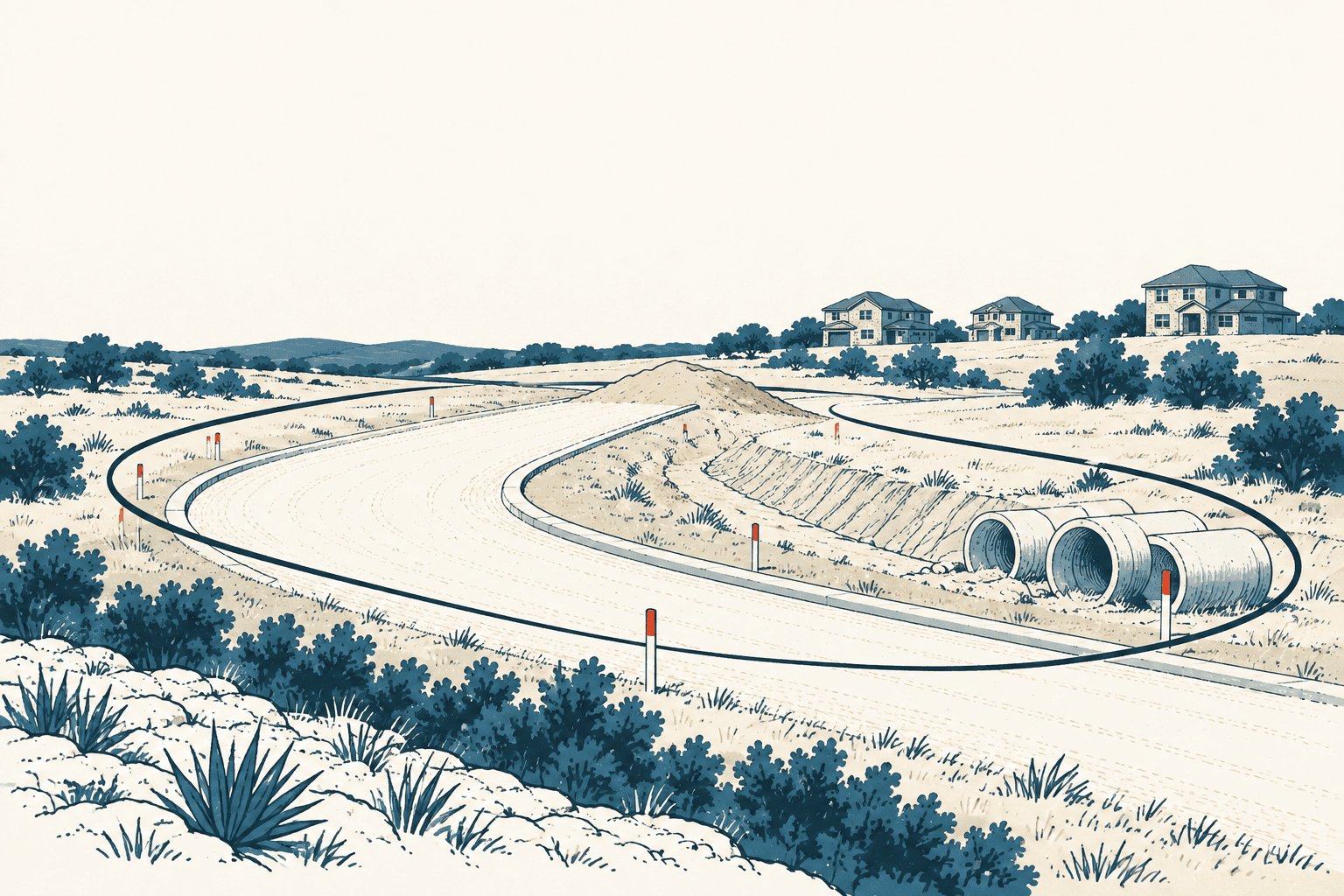 Illustrated unfinished road and drainage work leading toward homes in a rural subdivision.