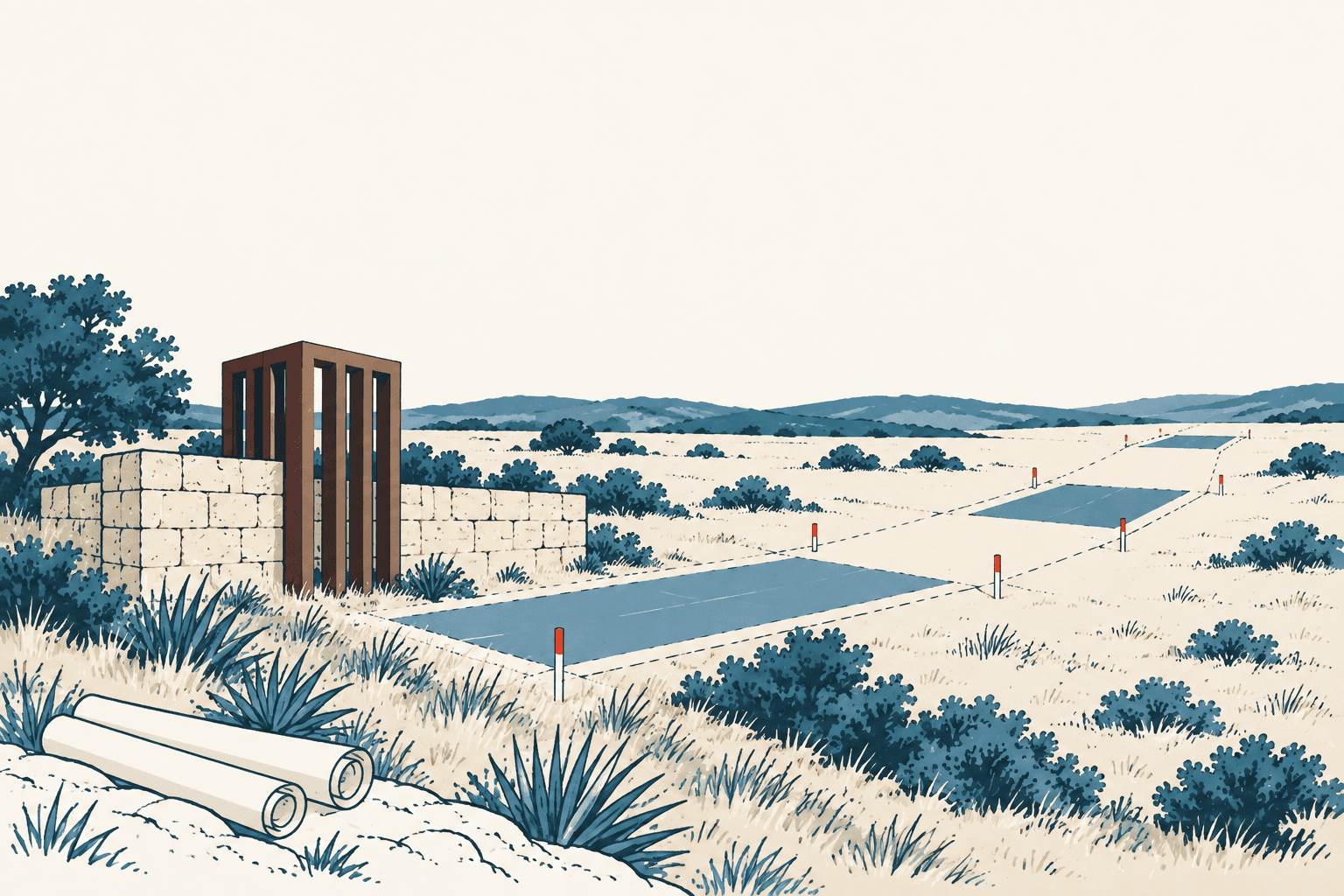 Stylized illustration of new road sections, utility pipes and survey markers amid scrubland, with stonework and hills in the distance.