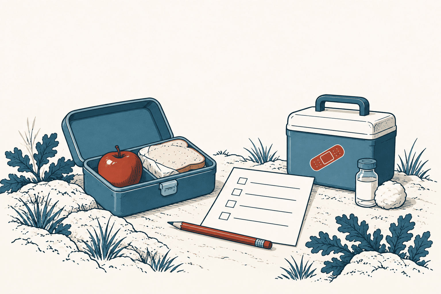 Illustration of an open lunchbox with an apple and sandwich beside a blank checklist, pencil, medical cooler, vaccine vial and cotton ball.