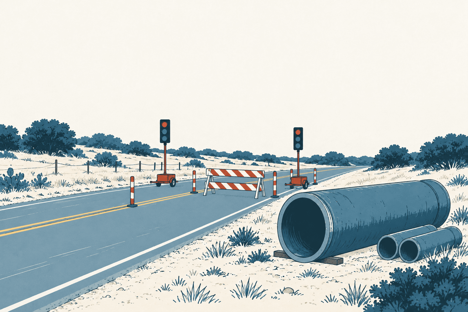Illustrated road with temporary traffic signals, a striped barricade, orange posts, and large pipes beside the shoulder.
