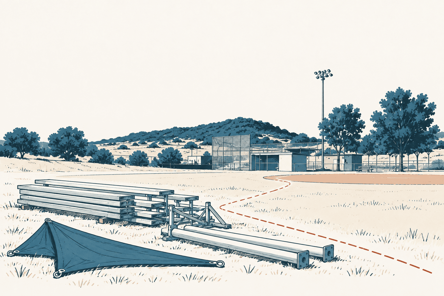 Stylized cream, navy and muted-blue illustration of an empty athletic complex with stacked bleachers, loose equipment, a baseball backstop, trees and hills.