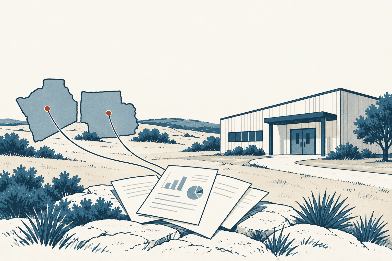 Illustrated report pages with charts in a grassy landscape, linked by curved lines to two county shapes beside a modern building.
