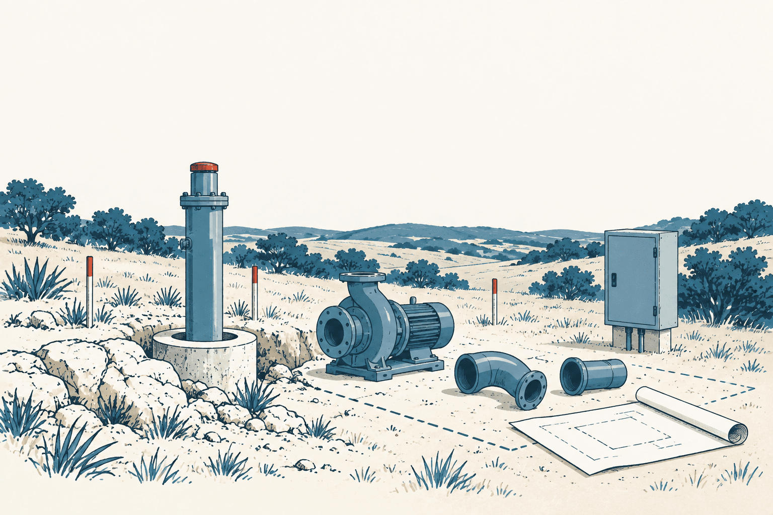 Stylized illustration of a water pump, well casing, pipes, utility cabinet and rolled construction plans in a scrubby rural landscape.