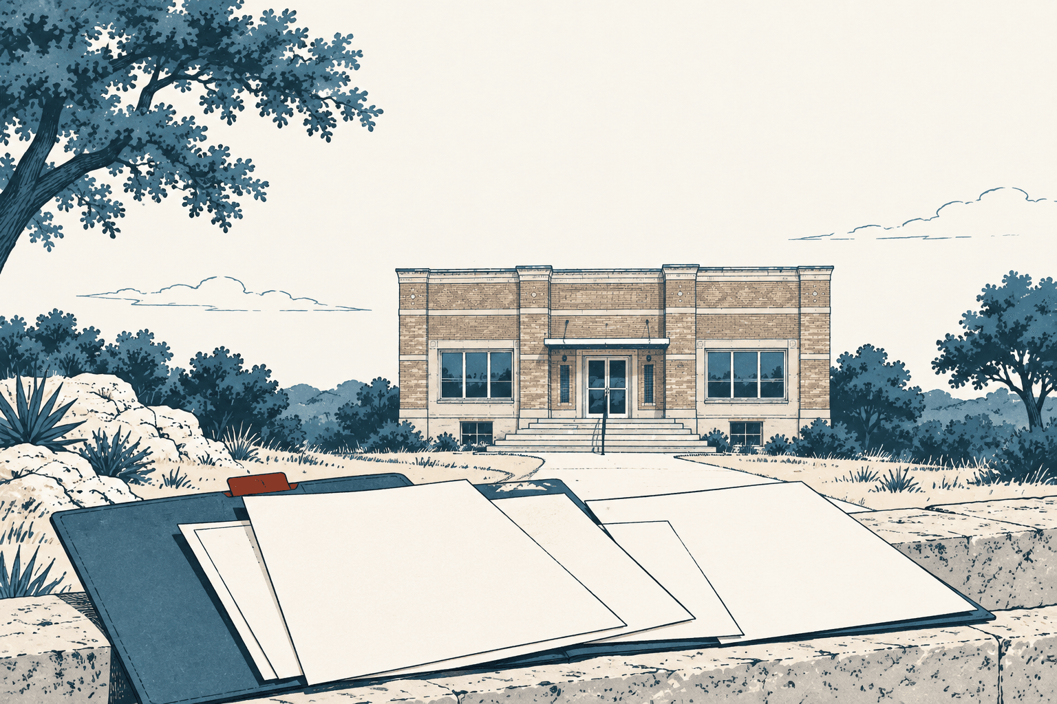 An open folder filled with blank papers lies in the foreground of an airy cream-and-navy illustration of a historic civic building surrounded by Texas landscaping.