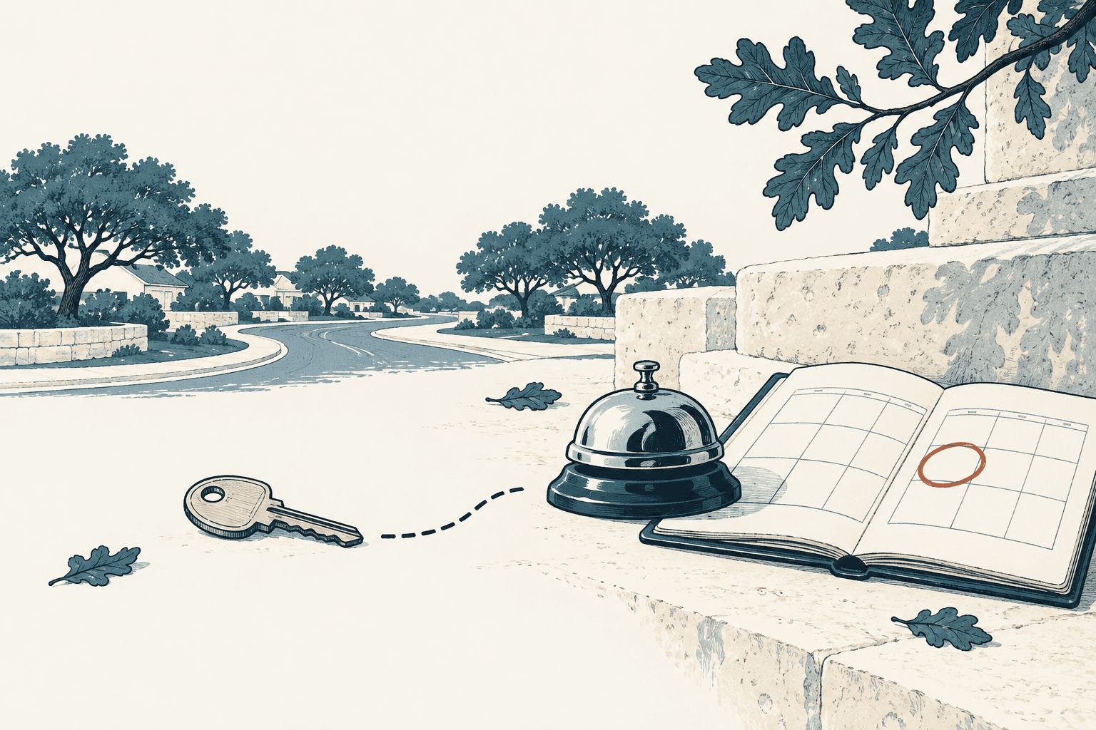 Hand-drawn illustration of a quiet residential street with a house key, service bell and open calendar on a stone ledge.