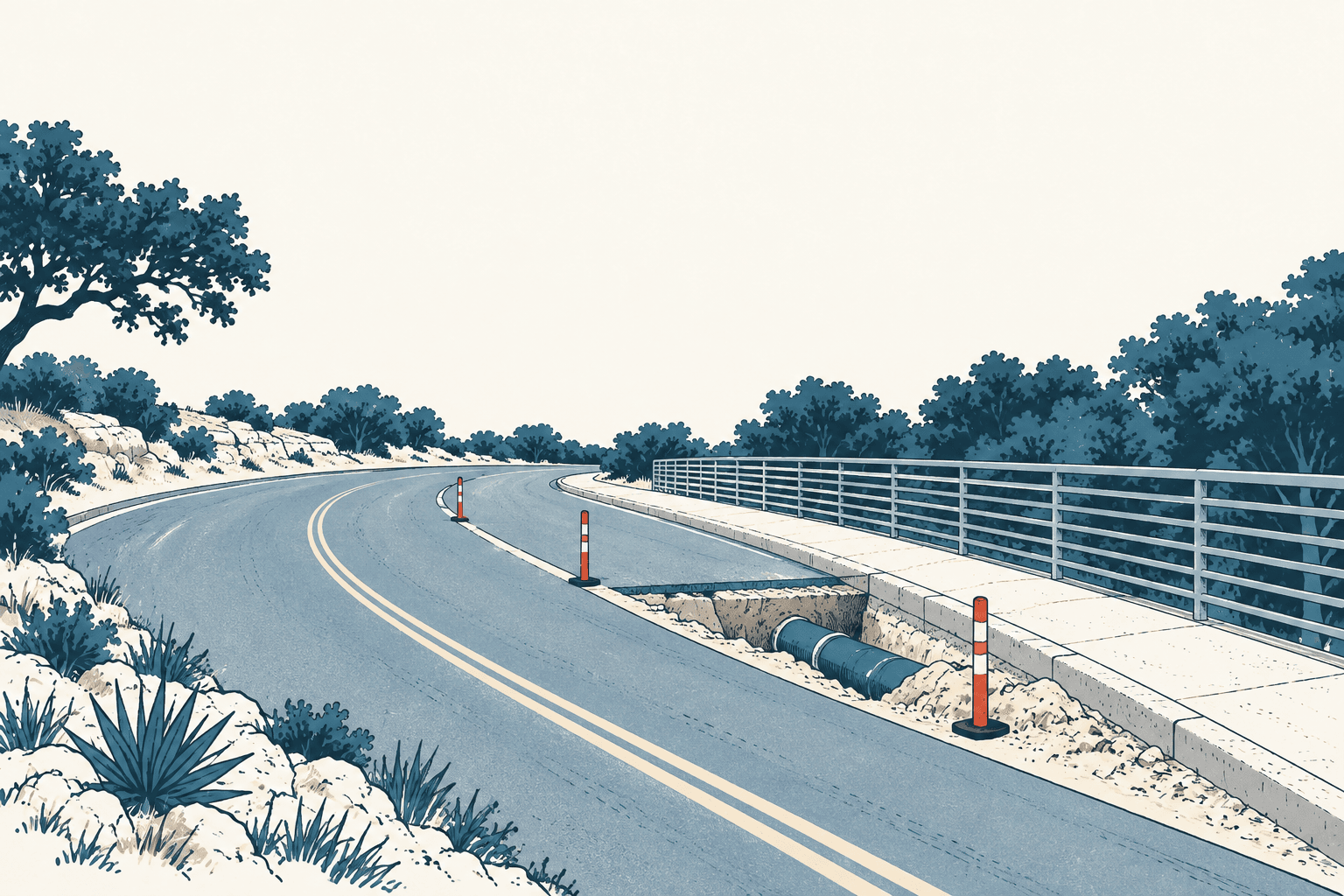 Airy cream and muted-blue illustration of a curving two-lane road with traffic markers beside an open trench and exposed pipeline.